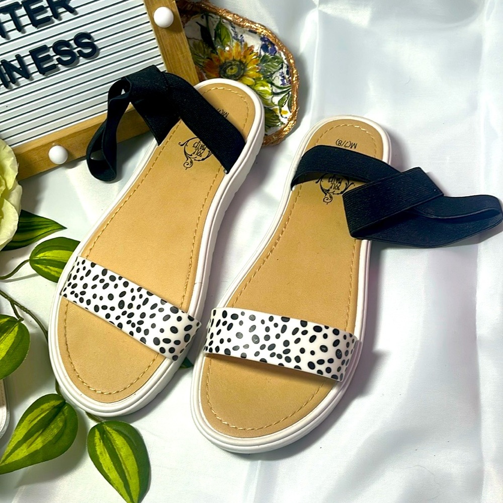 Sole mates women’s sandals shoes stretch ankle strap  flats  Poka Dot 7/8 Size